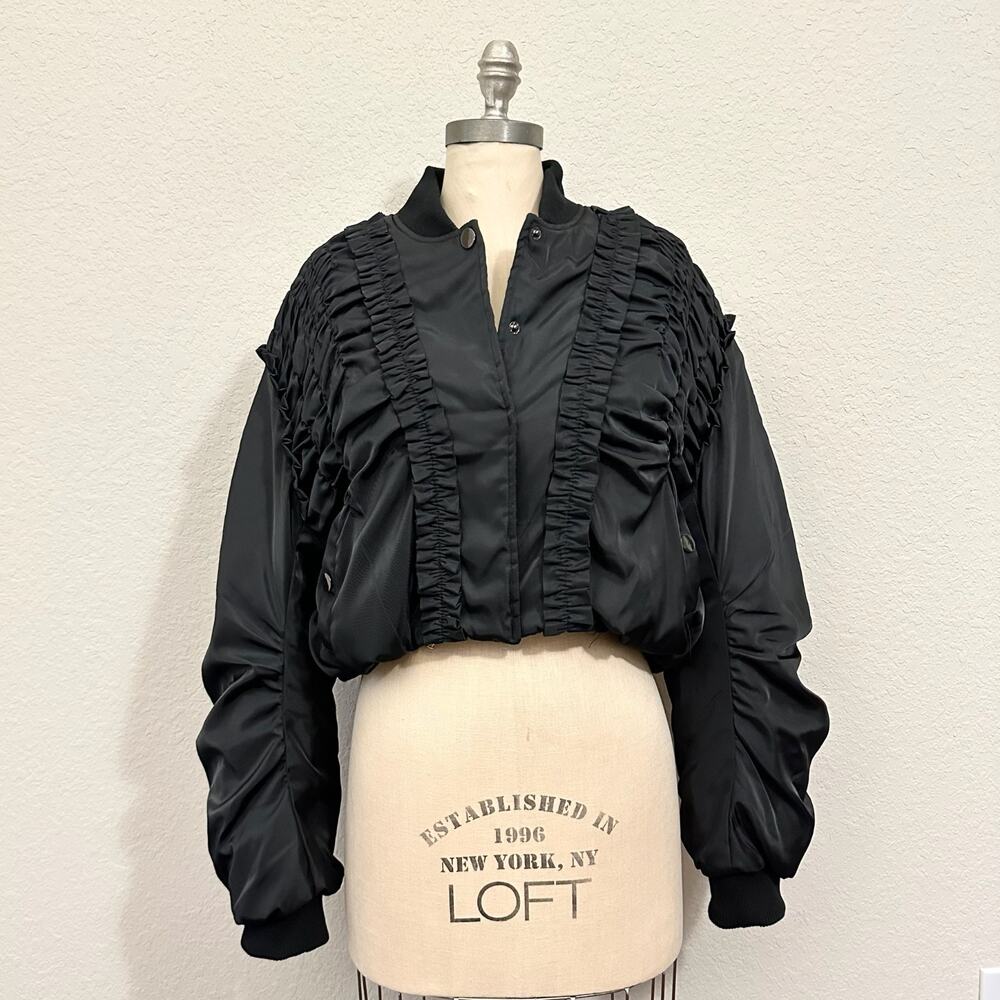 MABLE Bomber Jacket Black Lined Ruched Ruffled Cropped Relaxed Fit